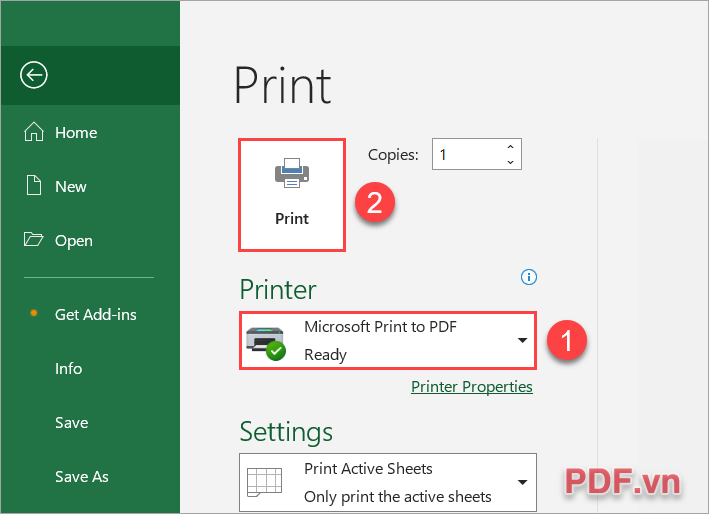 Chọn máy in Printer – Microsoft Print to PDF (1) và nhấn Print (2)