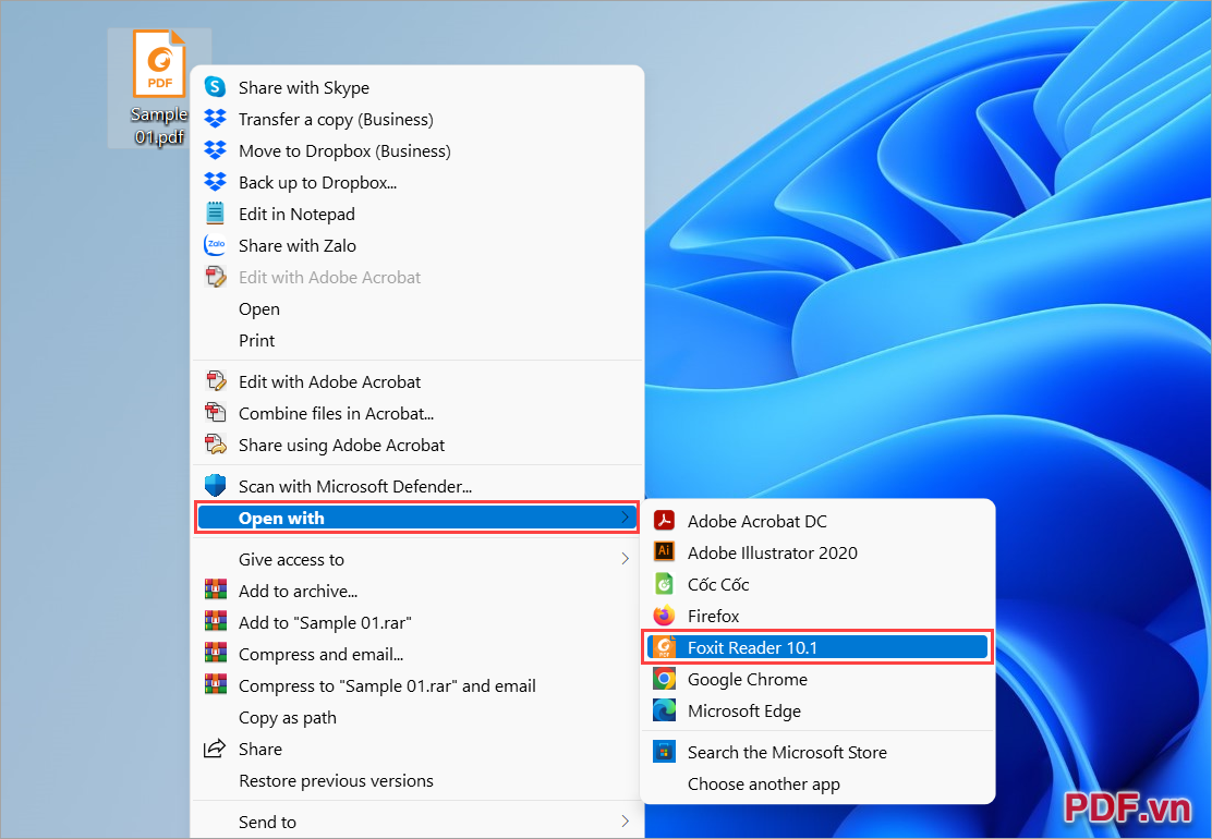Chọn Open With và chọn Foxit Reader PDF Reader