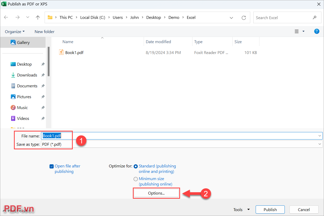 Chọn Options để thiết lập xuất toàn bộ các Sheet trong một trang PDF