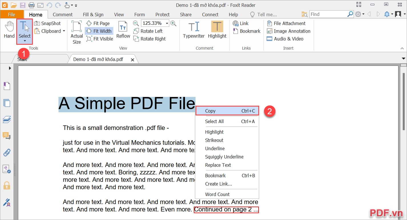 Chọn Select (1) và bôi đen phần nội dung rồi Click chuột phải nhấn Copy (2)