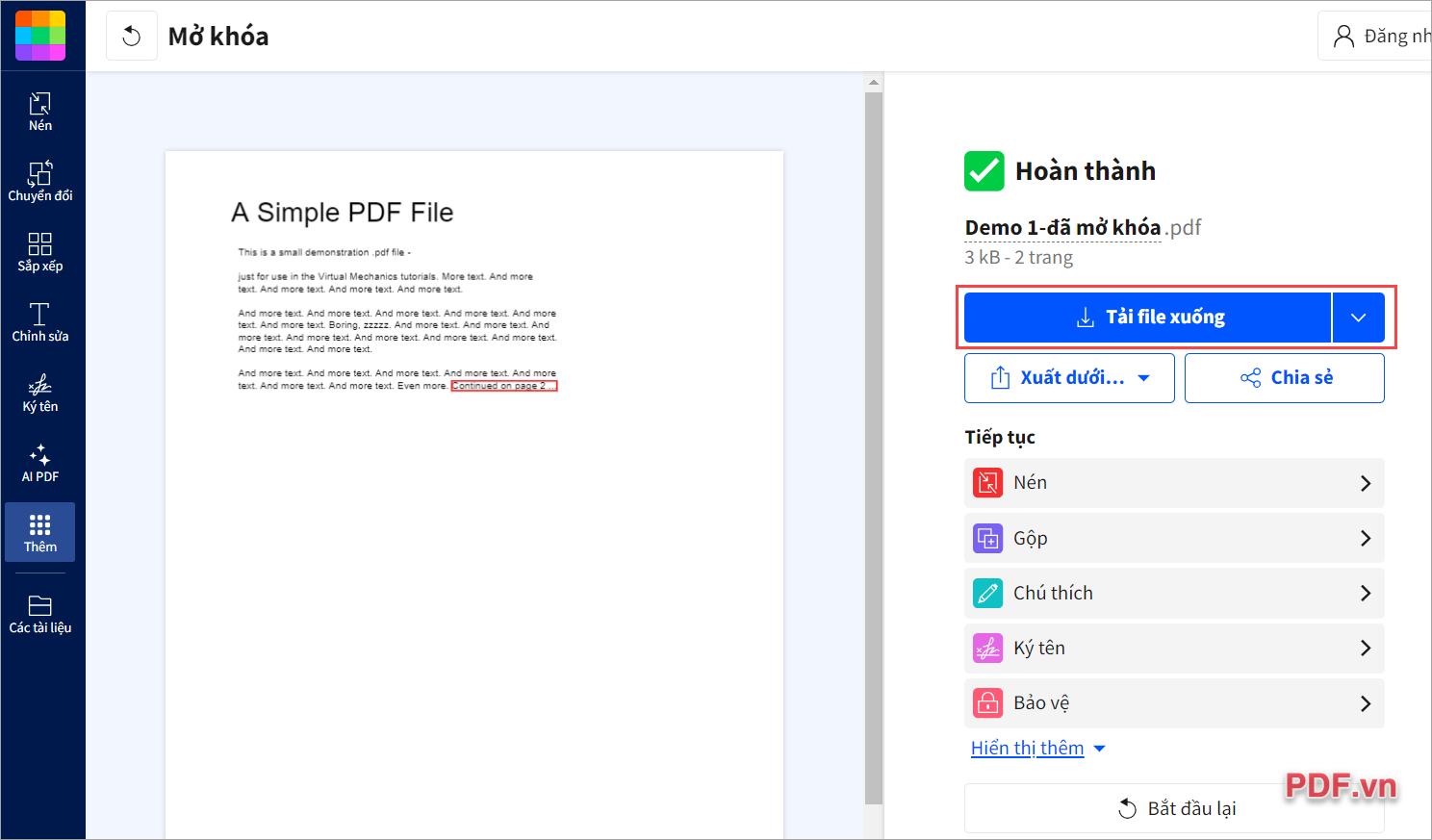 Chọn Tải file xuống để lưu file PDF sau khi bẻ khóa về máy tính
