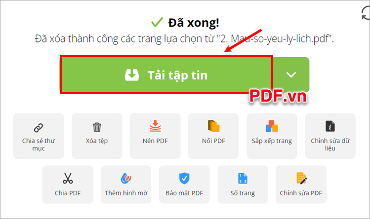 Chọn Tải tập tin để tải file PDF sau khi được xóa trang trắng về máy