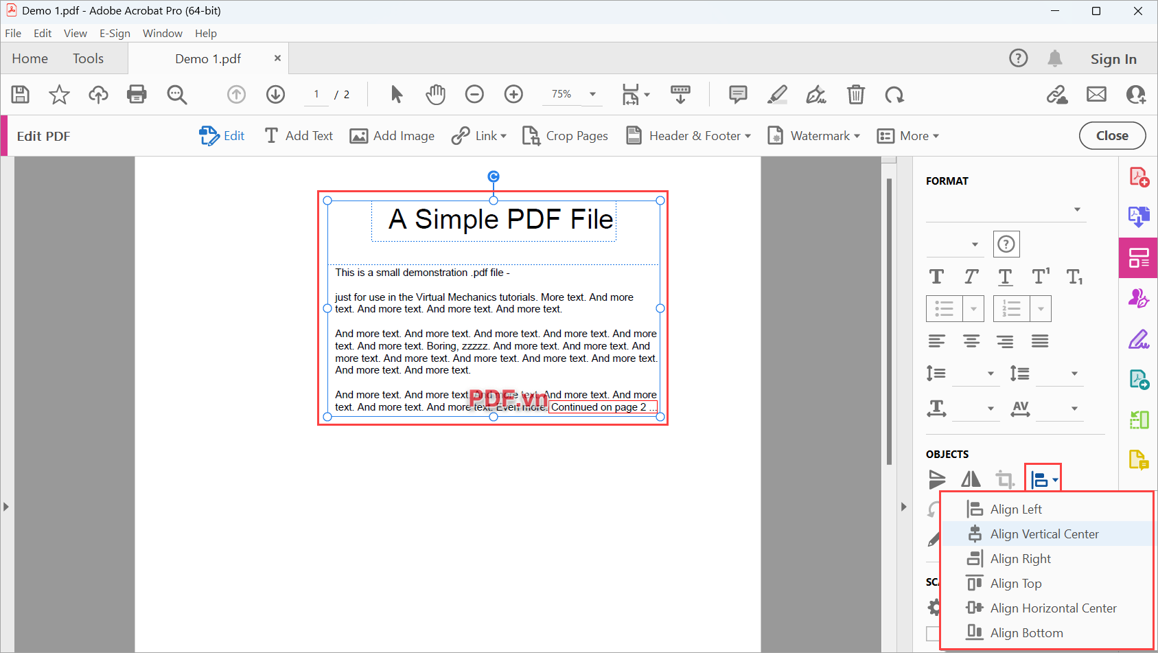 Chọn tất cả những Text Box có trong file PDF và ấn Objects → Align