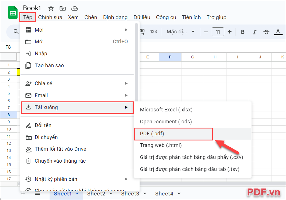 Chọn Tệp → Tải Xuống → PDF để xuất bản file Excel thành file PDF