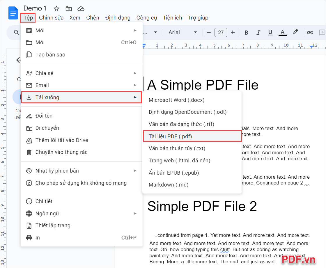 Chọn Tệp → Tải xuống → Tài liệu để tải file PDF