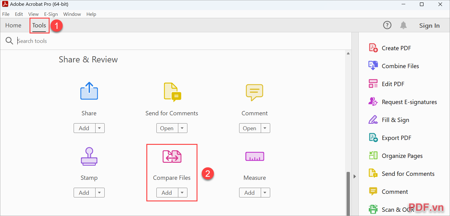 Chọn thẻ Tools (1) và Compare Files (2) để sử dụng tính năng so sánh file PDF