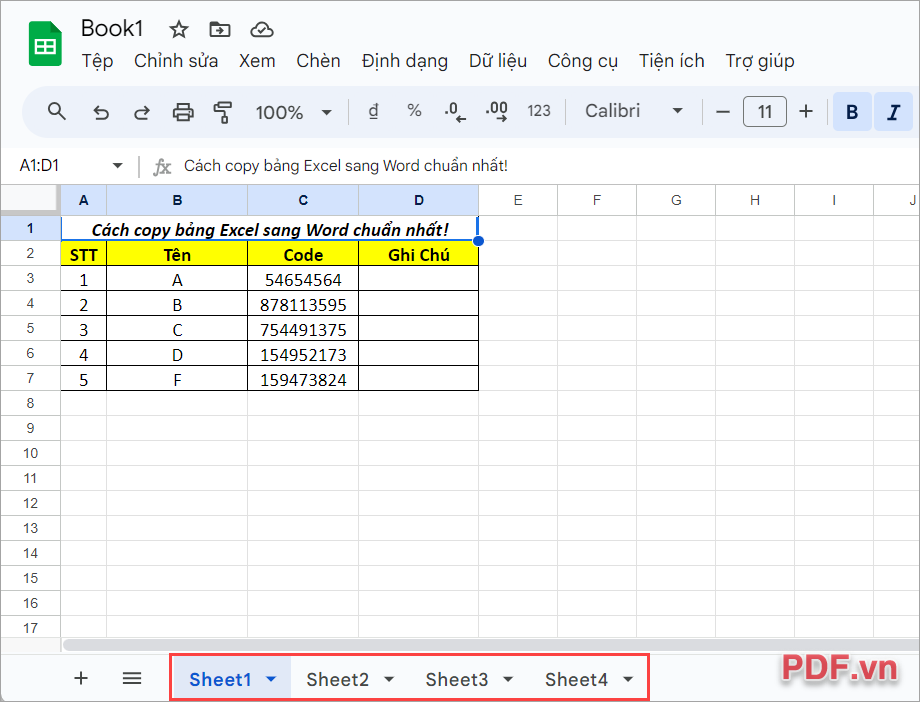 Chọn trang Sheet cần xuất bản thành file PDF