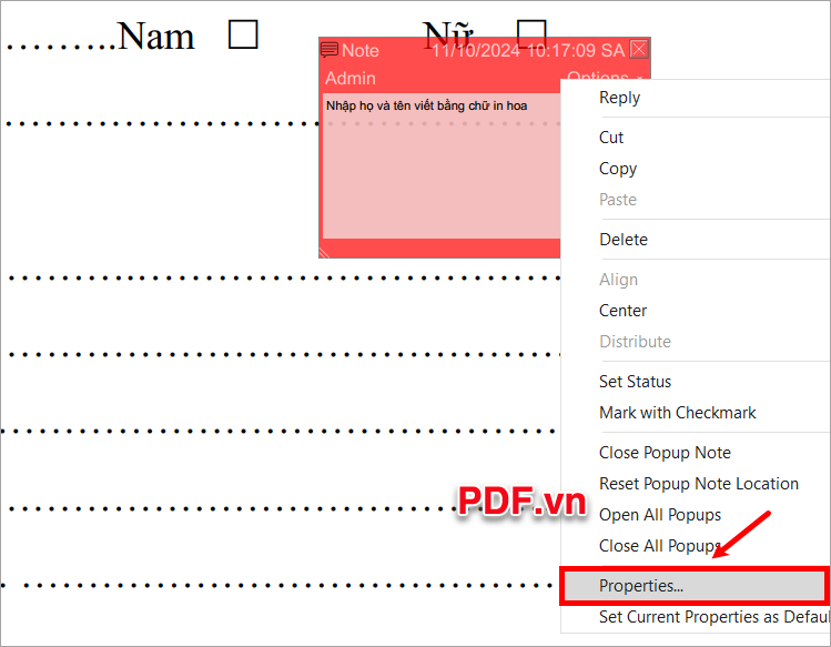 Chọn vào ghi chú để mở phần ghi chú, bạn chọn Options → Properties