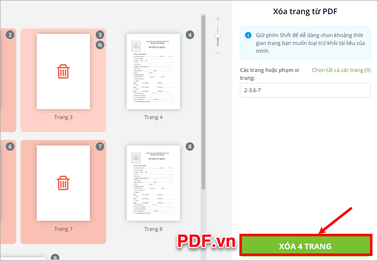 Chọn Xóa trang để thực hiện cách xóa trang trắng trong file PDF