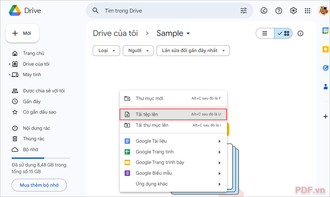 Click chuột phải chọn Tải tệp lên và thêm file PDF cần chỉnh sửa