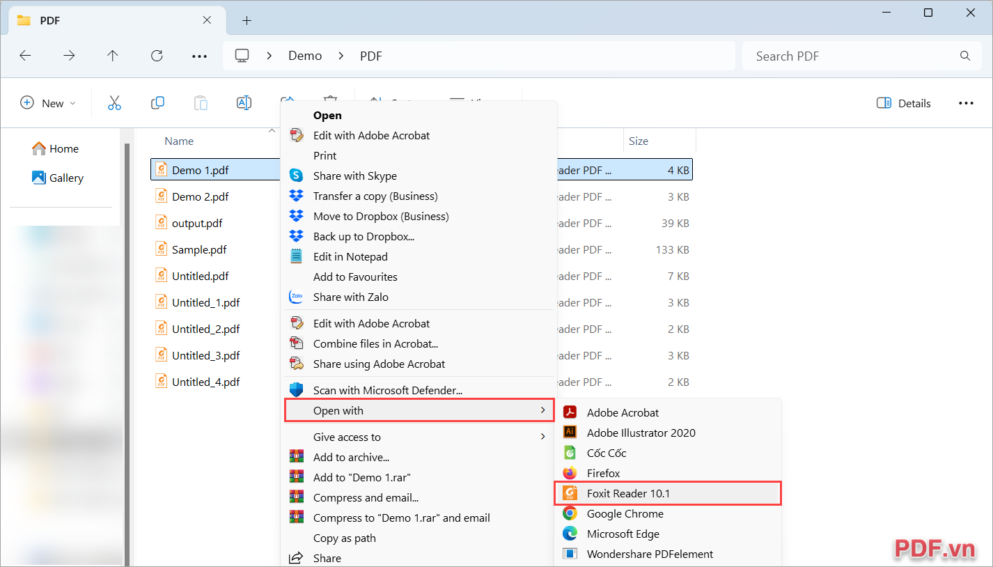 Click chuột phải vào file PDF bị khóa và chọn Open With → Foxit Reader
