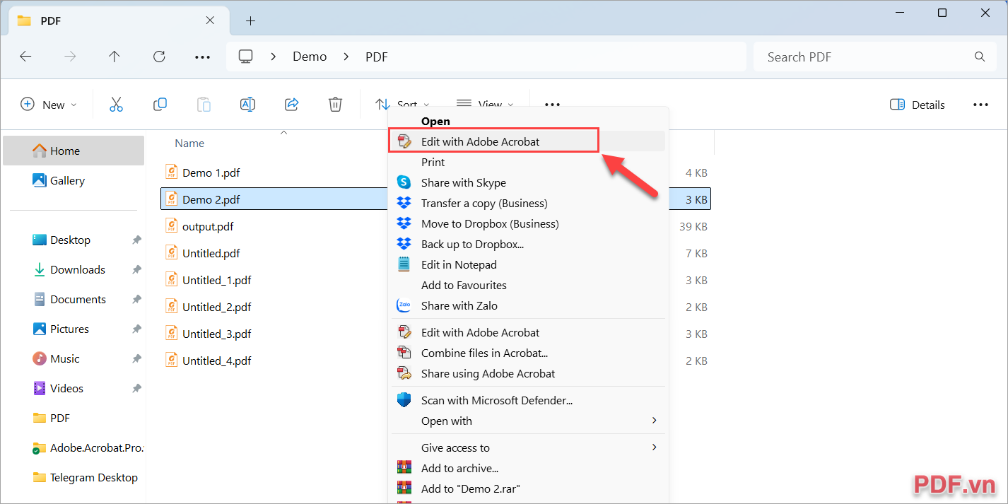 Click chuột phải vào file PDF cần tạo liên kết và chọn Edit with Adobe Acrobat