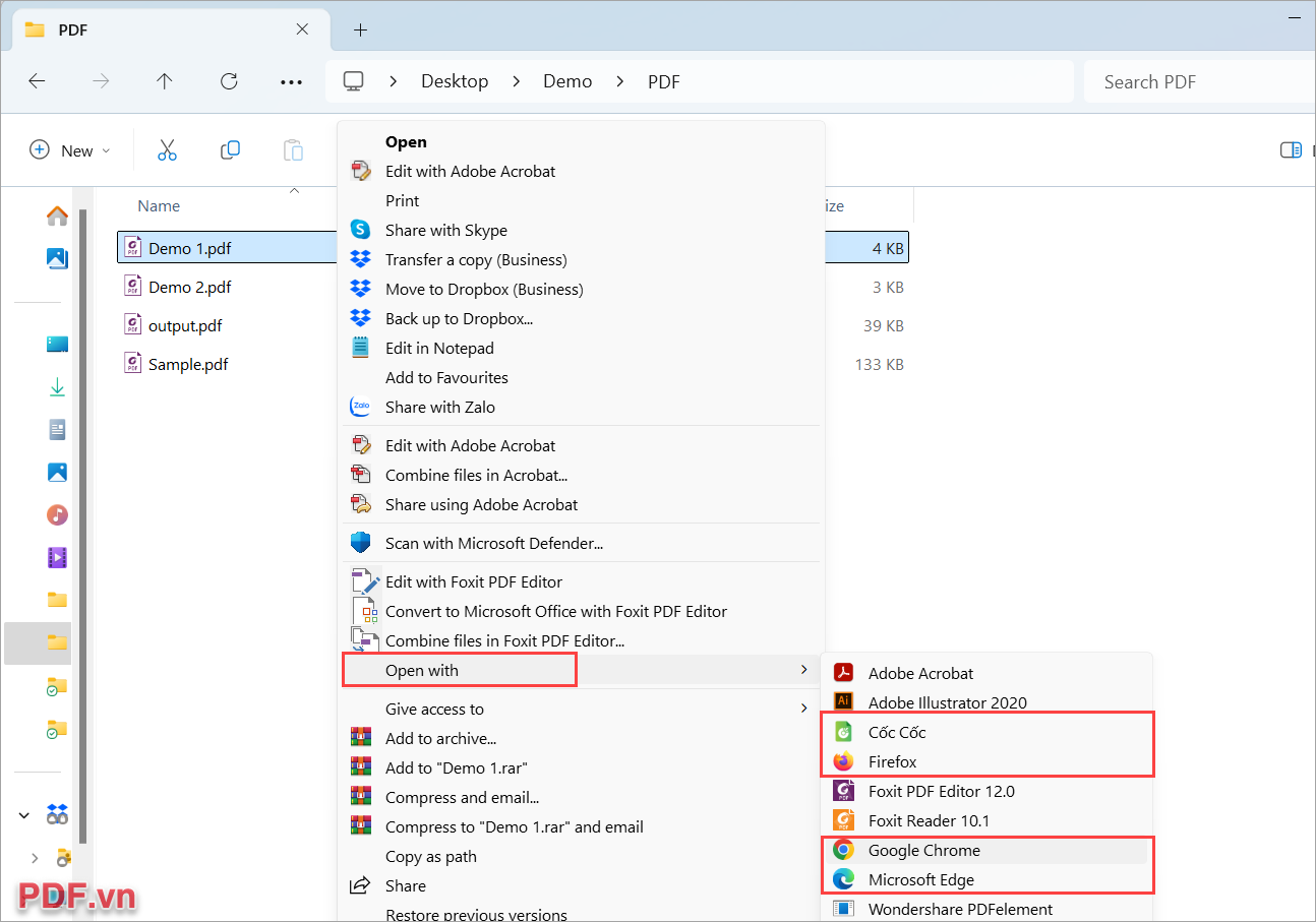 Click chuột phải vào file PDF, chọn mục Open With → Trình duyệt Web