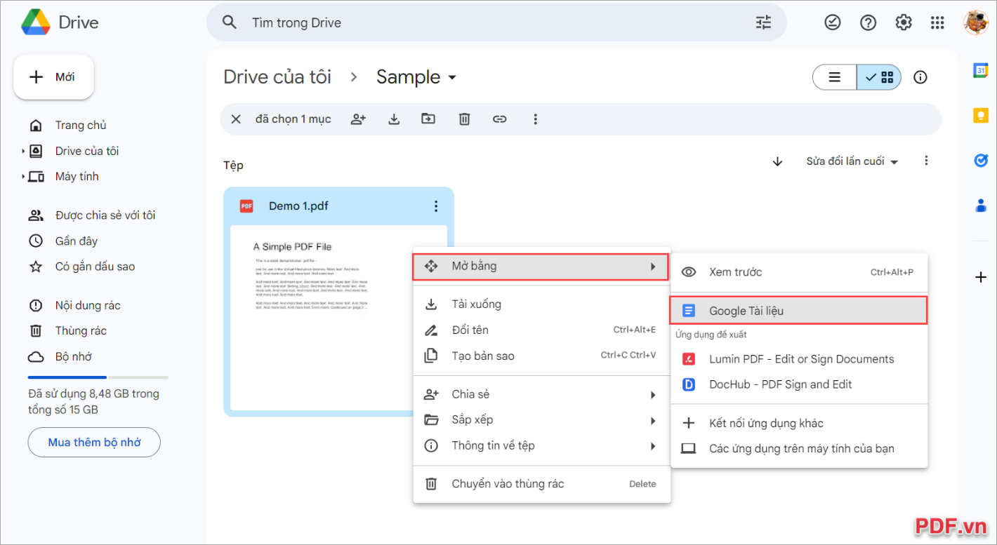 Click chuột phải vào file PDF → Mở bằng → Google Tài liệu