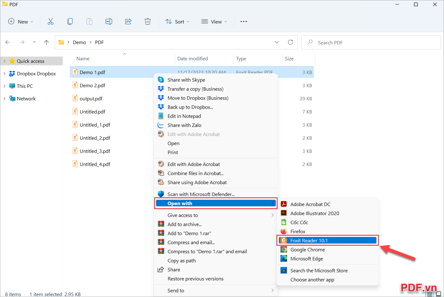 Click chuột phải vào file PDF → Open With → Foxit Reader PDF Reader để mở