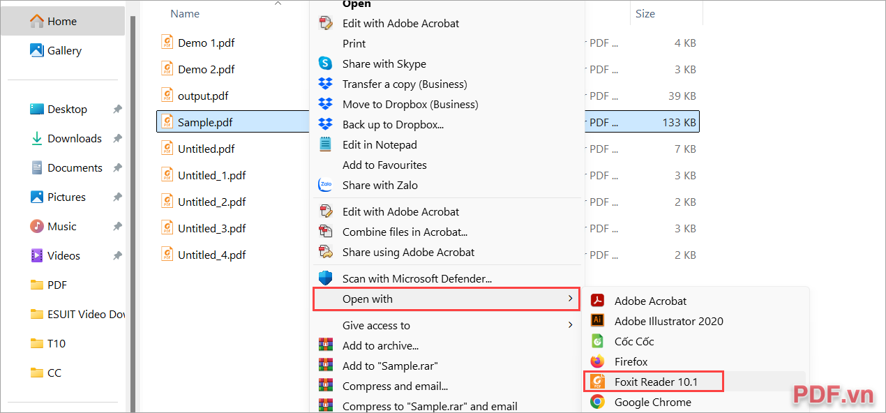 Click chuột phải vào file PDF → Open With → Foxit Reader PDF
