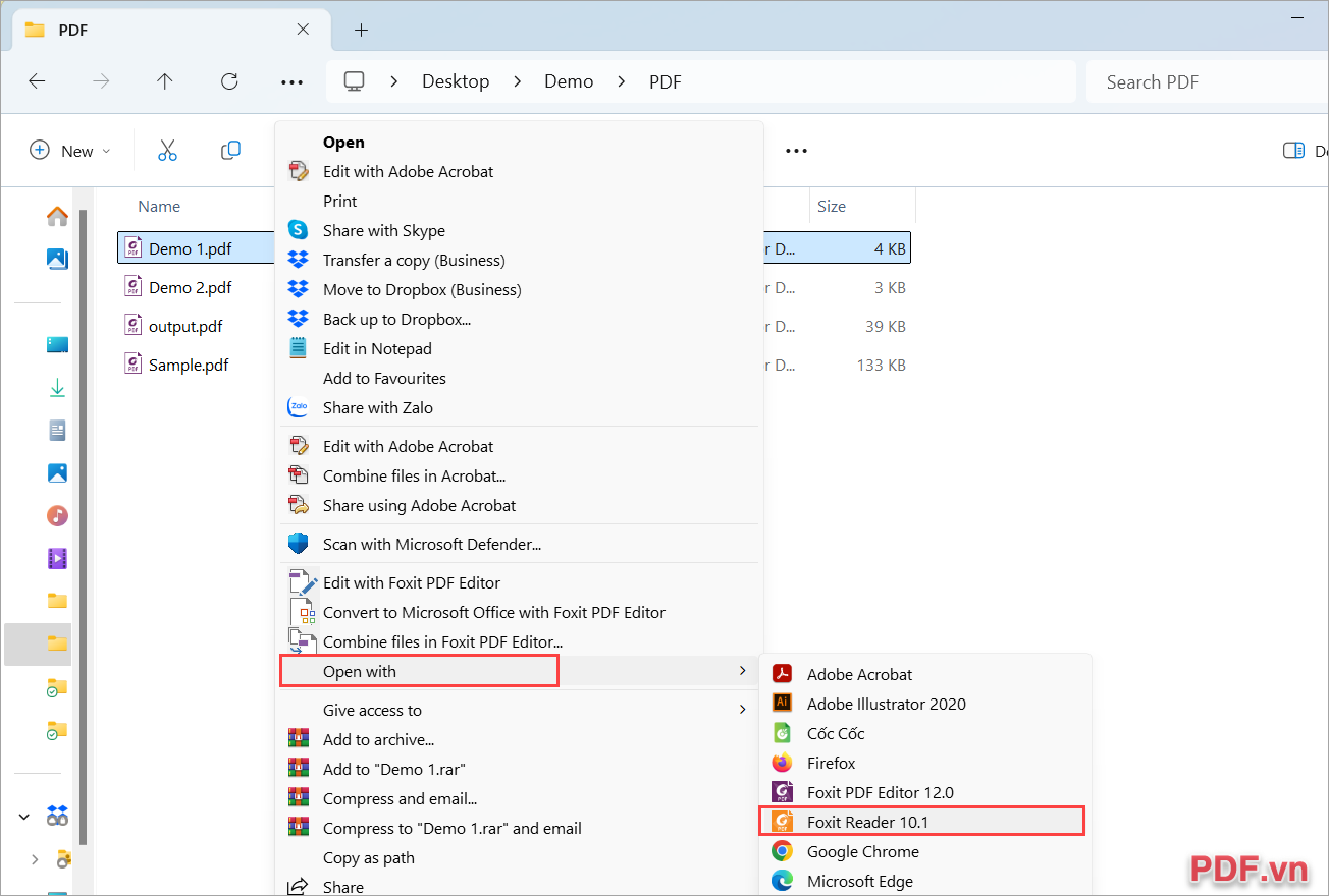 Click chuột phải vào file PDF → Open With → Foxit Reader
