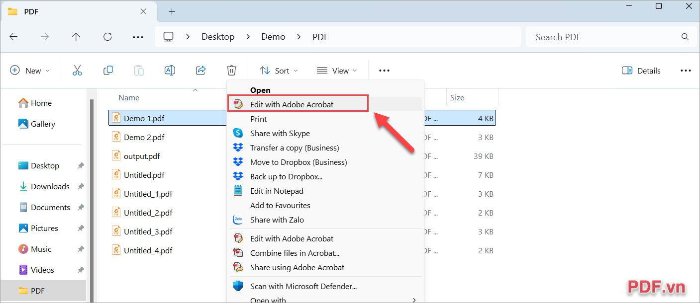 Click chuột phải vào file PDF và chọn Edit with Adobe Acrobat để mở file PDF