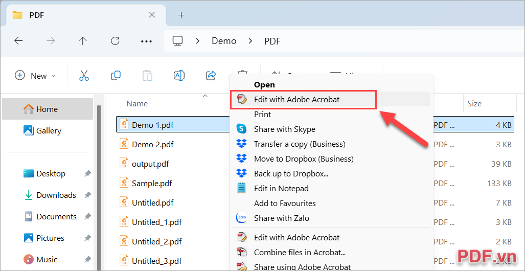Click chuột phải vào file PDF và chọn Edit with Adobe Acrobat