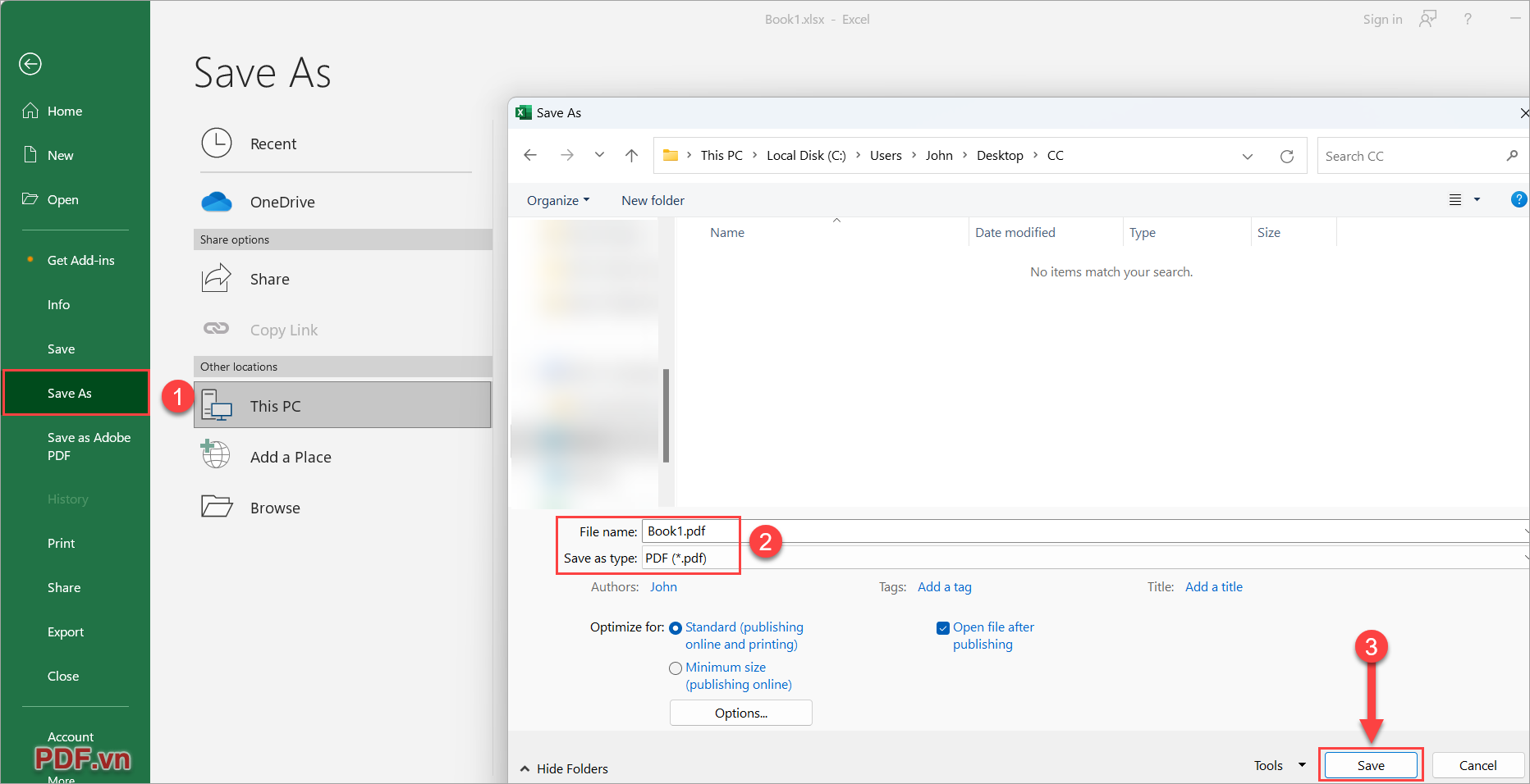 Đặt tên file xong, chọn Save As Type thành PDF để lưu file