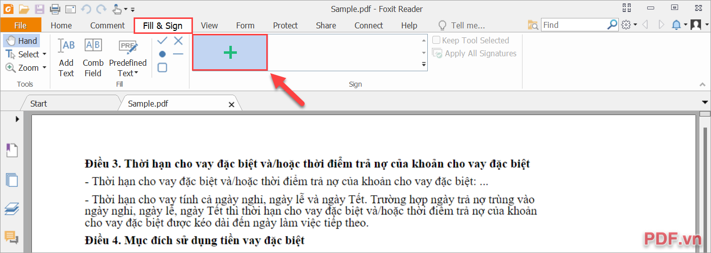 Để thêm chữ ký vào file PDF, bạn chọn Fill & Sign và nhấn dấu “+” để thêm chữ ký