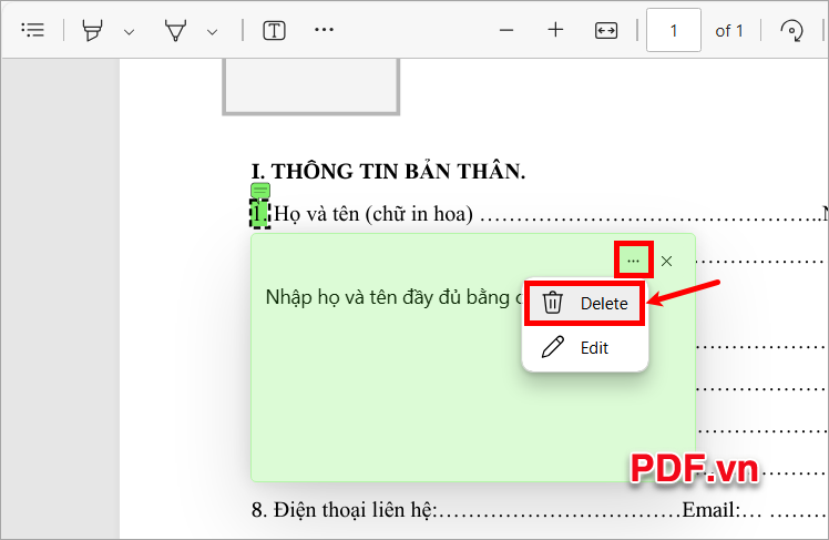 Để xóa ghi chú bạn chọn biểu tượng dấu ba chấm và chọn Delete
