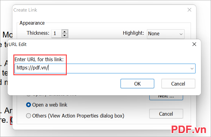 Điền địa chỉ Web vào cửa sổ URL và nhấn OK