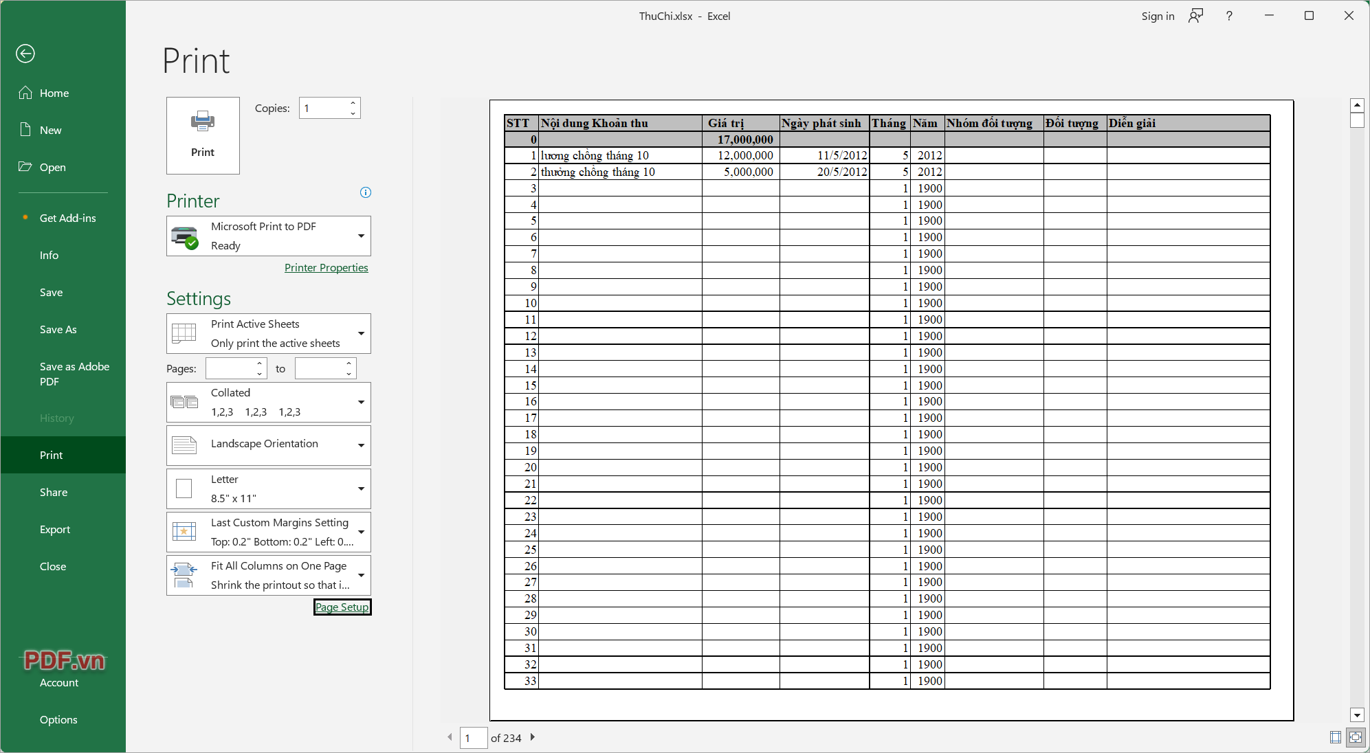 File Excel chuyển đổi sang PDF được hiển thị rõ ràng trên một trang