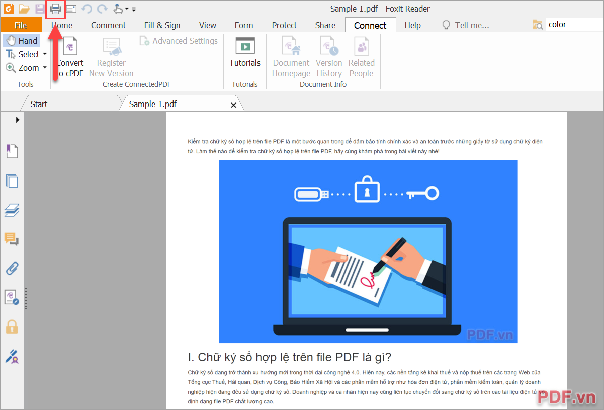 Giao diện của PDF Foxit Reader, chọn mục Print để kích hoạt máy in