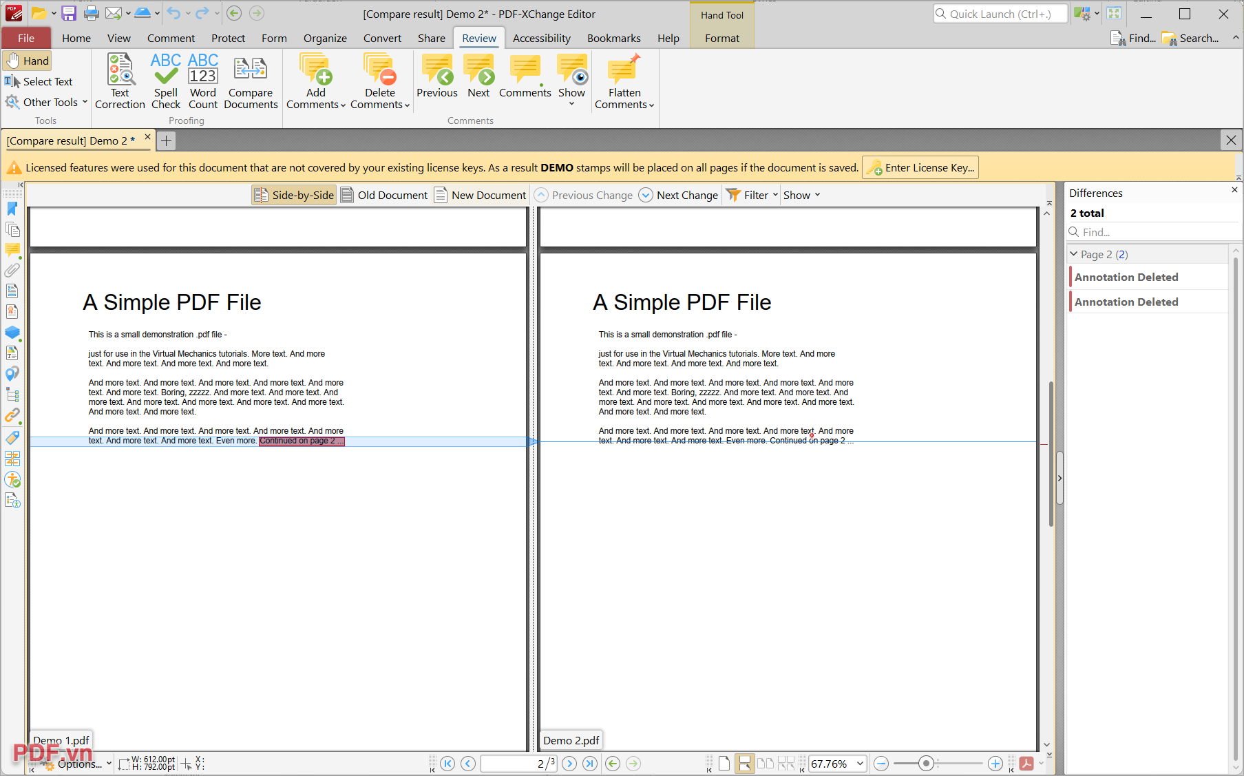 Hệ thống sẽ khoanh vùng những điểm khác biệt giữa 2 file PDF