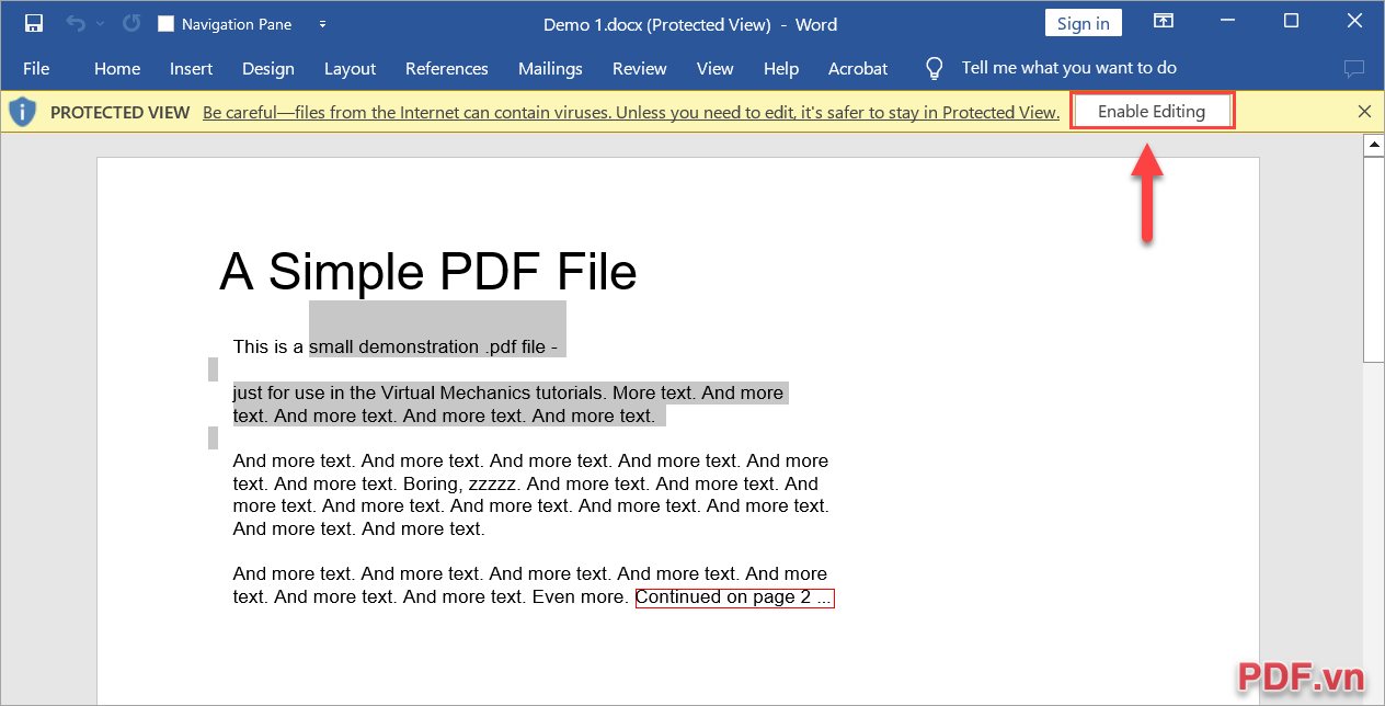 Mở file Word và chọn Enable Editing để kích hoạt chế độ chỉnh sửa trên tài liệu PDF