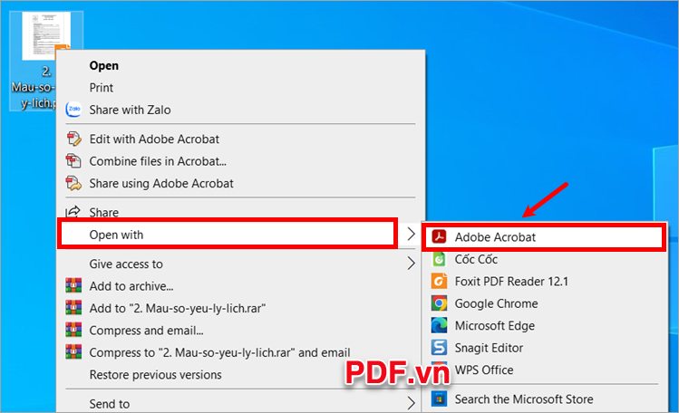Nhấn chuột phải vào file PDF chọn Open with → Adobe Acrobat