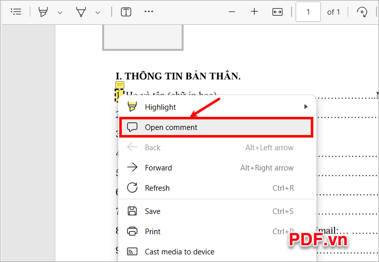 Nhấn chuột phải vào phần ghi chú và chọn Open Comment