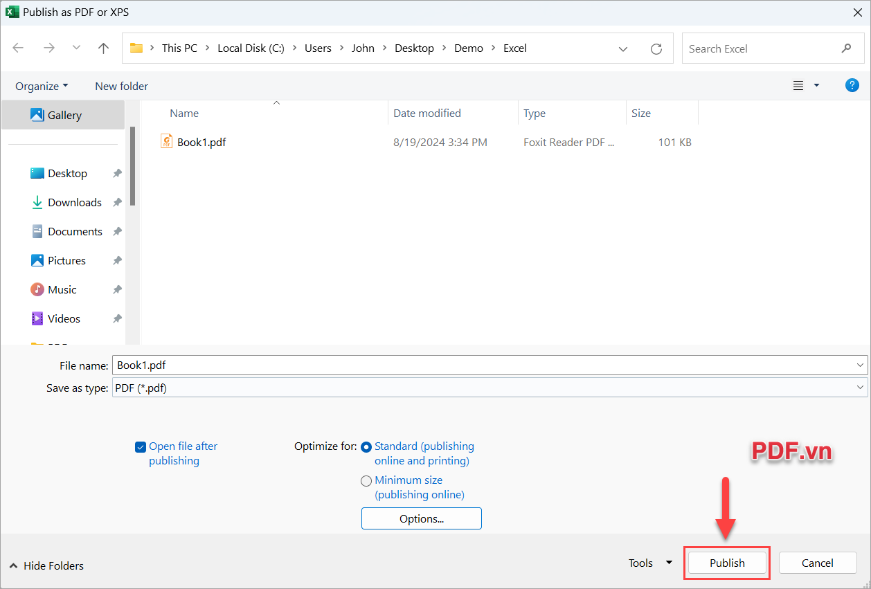 Nhấn Publish để xuất bản file Excel sang file PDF