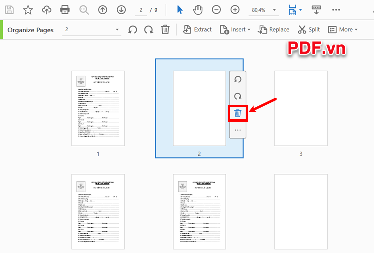 Nhấn vào trang trắng cần xóa trên file PDF và chọn biểu tượng thùng rác để xóa