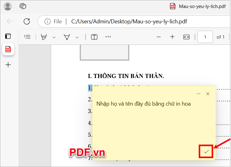Nhập ghi chú, sau đó nhấn chọn dấu tích để lưu ghi chú