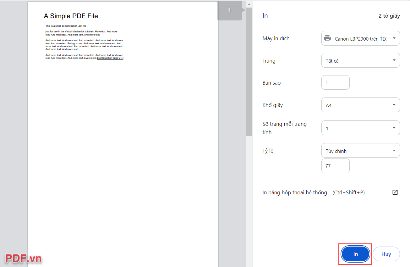Thiết lập các thông số phù hợp với tài liệu PDF cần in