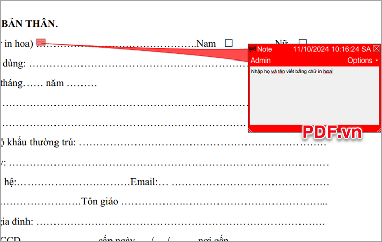 Thực hiện nhập ghi chú trên file PDF