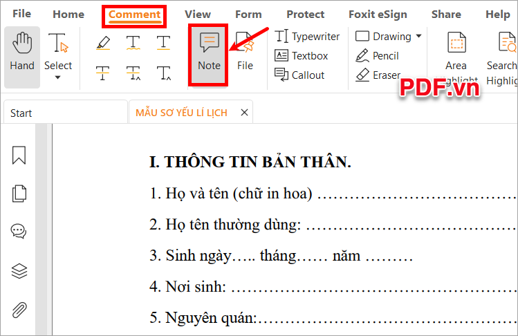 Trên giao diện của Foxit Reader, bạn chọn thẻ Comment → Note