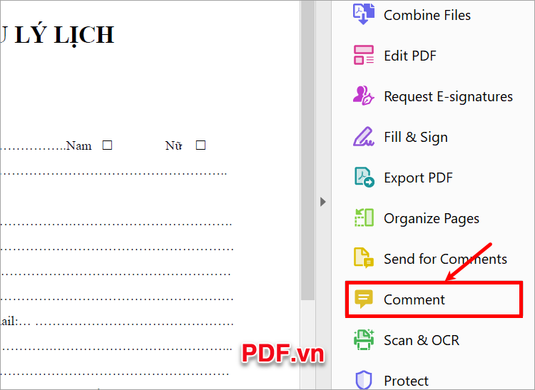 Trong các công cụ của Adobe Acrobat, bạn chọn Comment