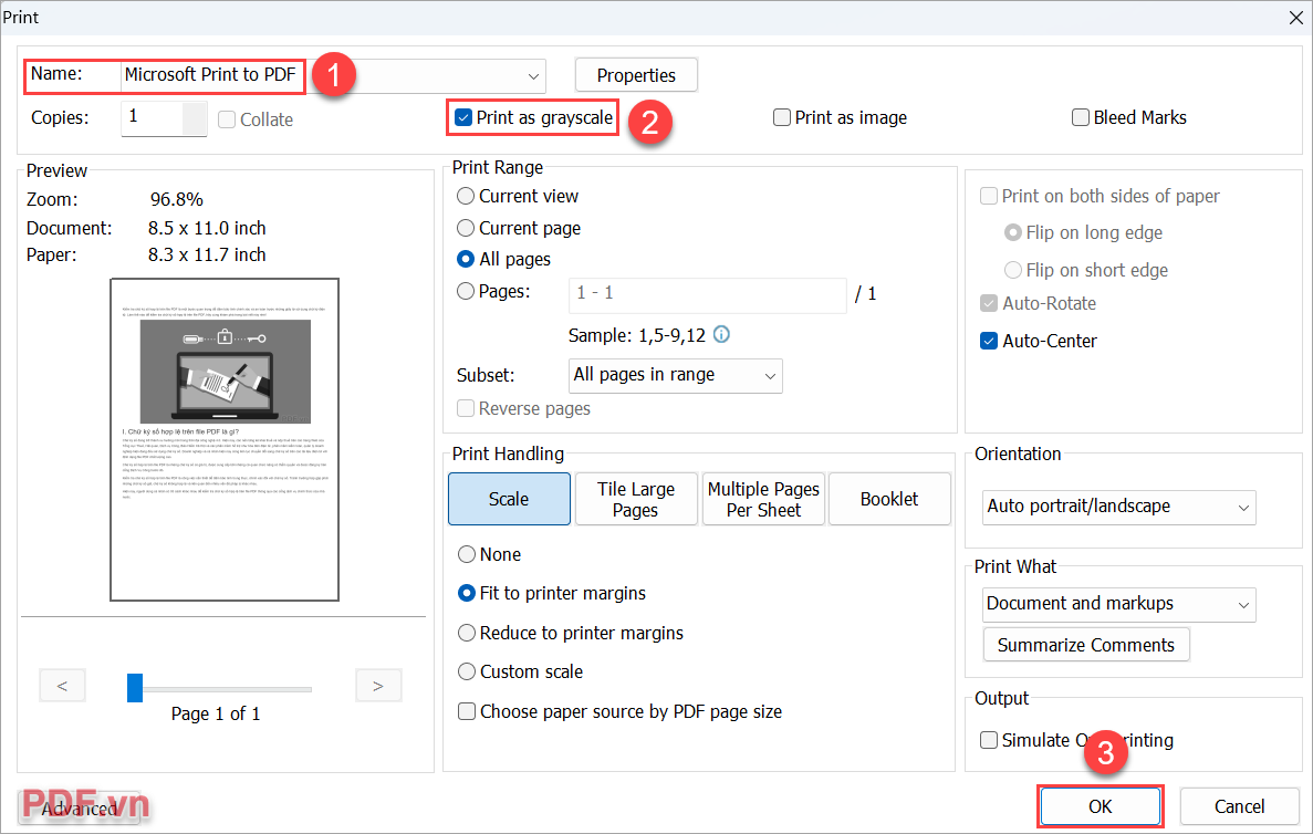 Trong cửa sổ máy in Print, bạn chọn các thông số như sau
