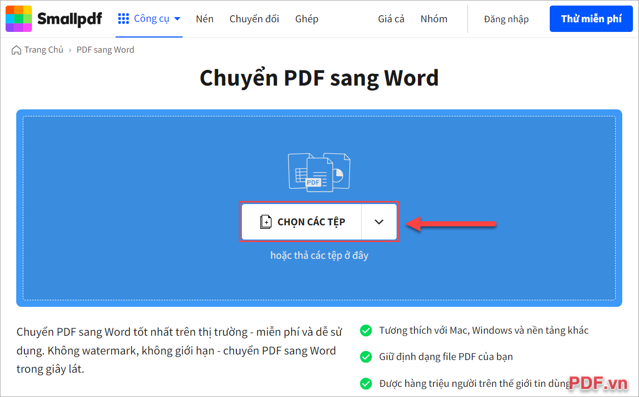 Truy cập Small PDF, chọn mục Chọn các tệp để tải file PDF bị khóa cần copy chữ