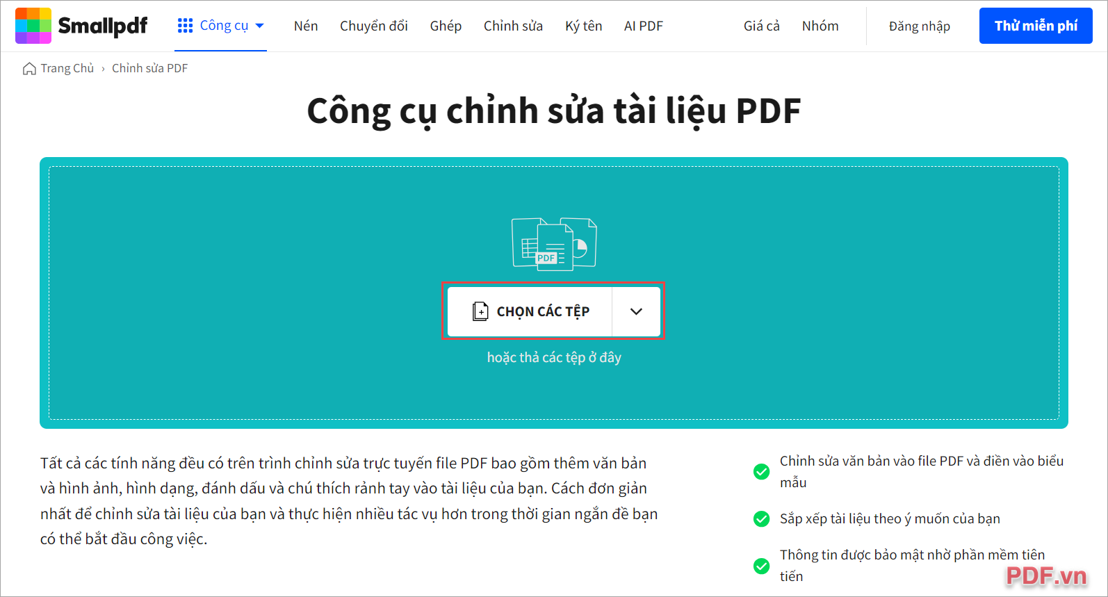 Truy cập Small PDF Online và nhấn vào Chọn các tệp để tải file PDF