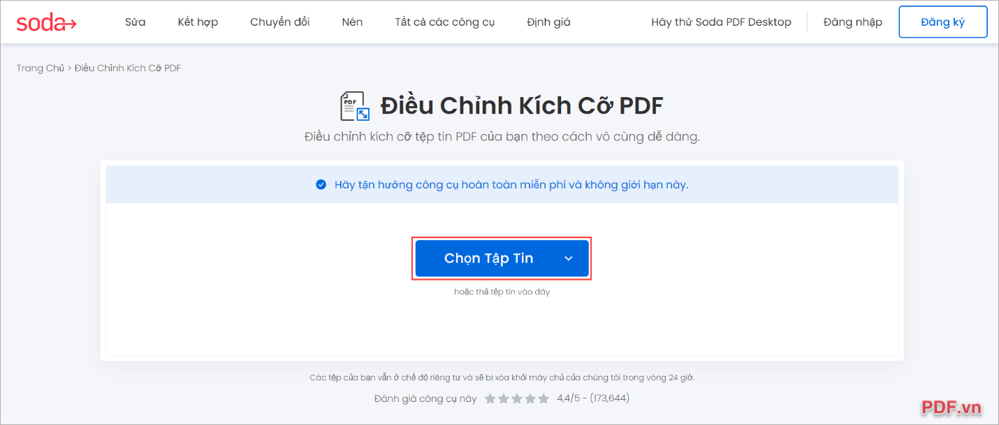 Truy cập SODA PDF Online, chọn mục Chọn Tập Tin để tải file PDF