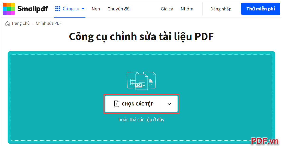 Truy cập trang chủ Small PDF Online và chọn mục Chọn các tệp