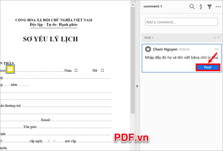 Viết nội dung ghi chú và chọn Post để viết ghi chú trên file PDF