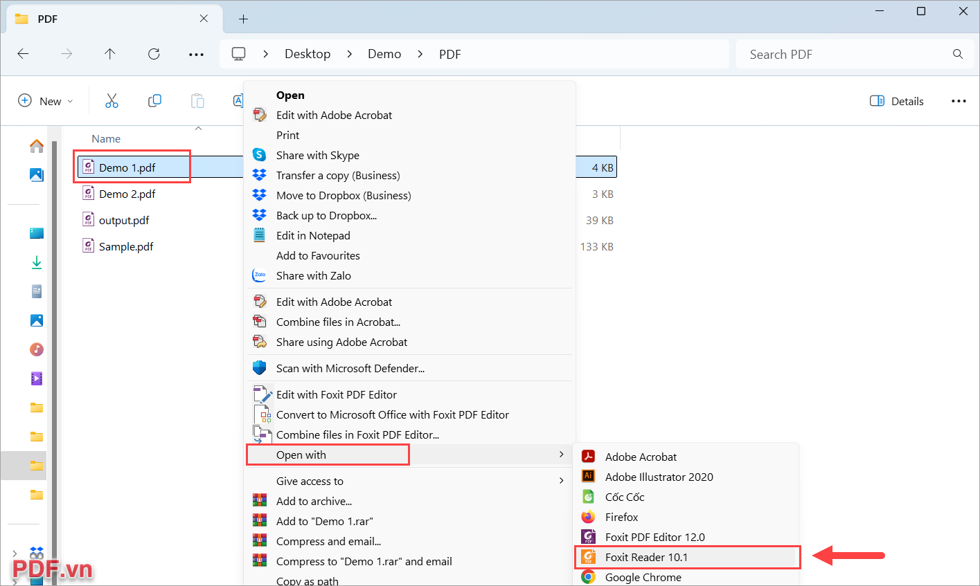 Click chuột phải vào file PDF, chọn Open With → Foxit Reader