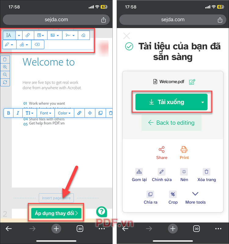 Chọn Áp dụng thay đổi để lưu lại bản PDF đã chỉnh sửa và Tải xuống điện thoại