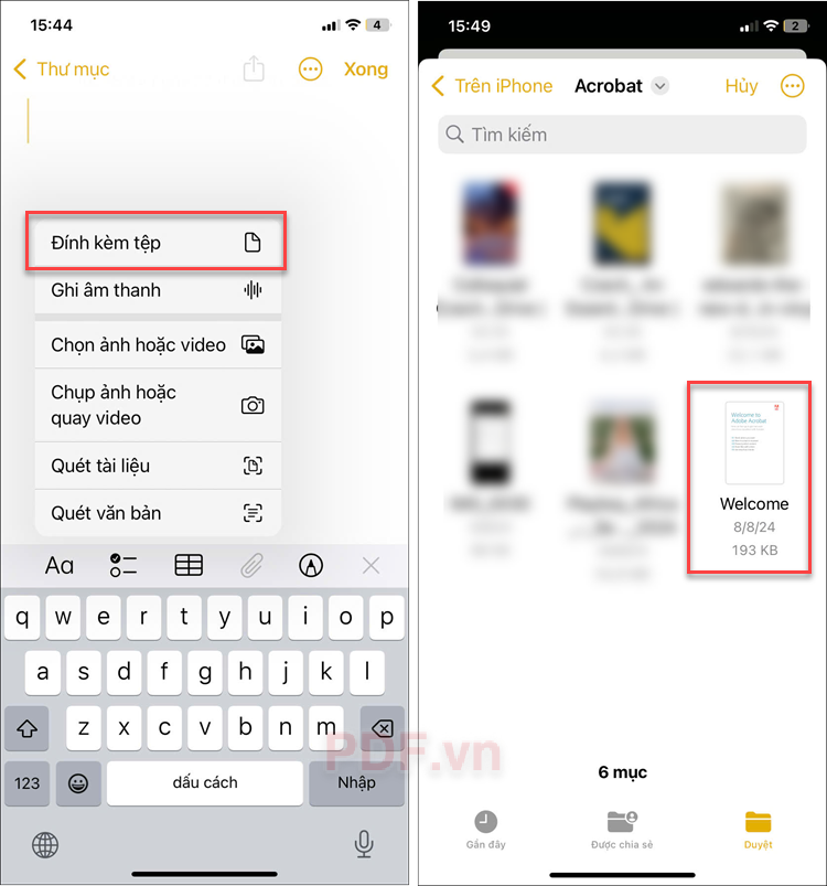 Chọn Đính kèm tệp sau đó mở file PDF được lưu trên điện thoại