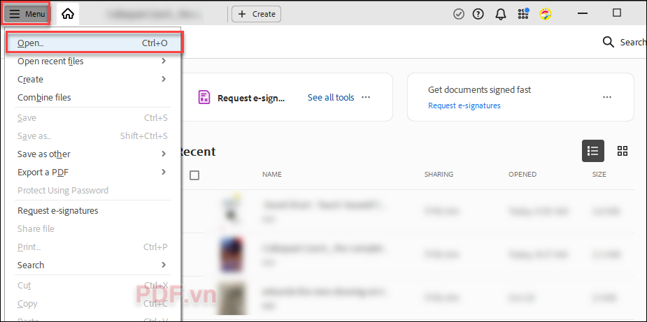 Chọn Menu  Open để mở file PDF bạn cần copy chữ